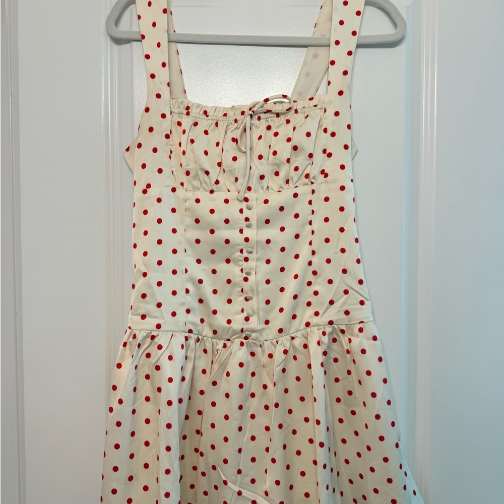 Stylish White and Red Polka Dot Mini Dress - Picture 2 of 4